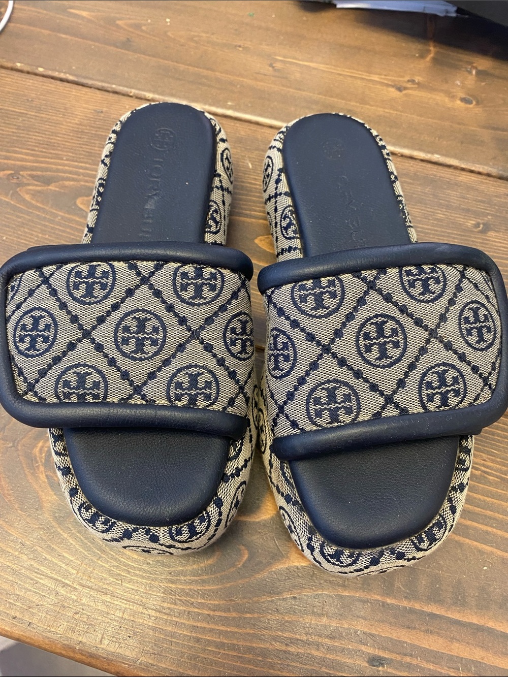 Tory Burch Navy and Beige Logo Jacquard Slide Sandals